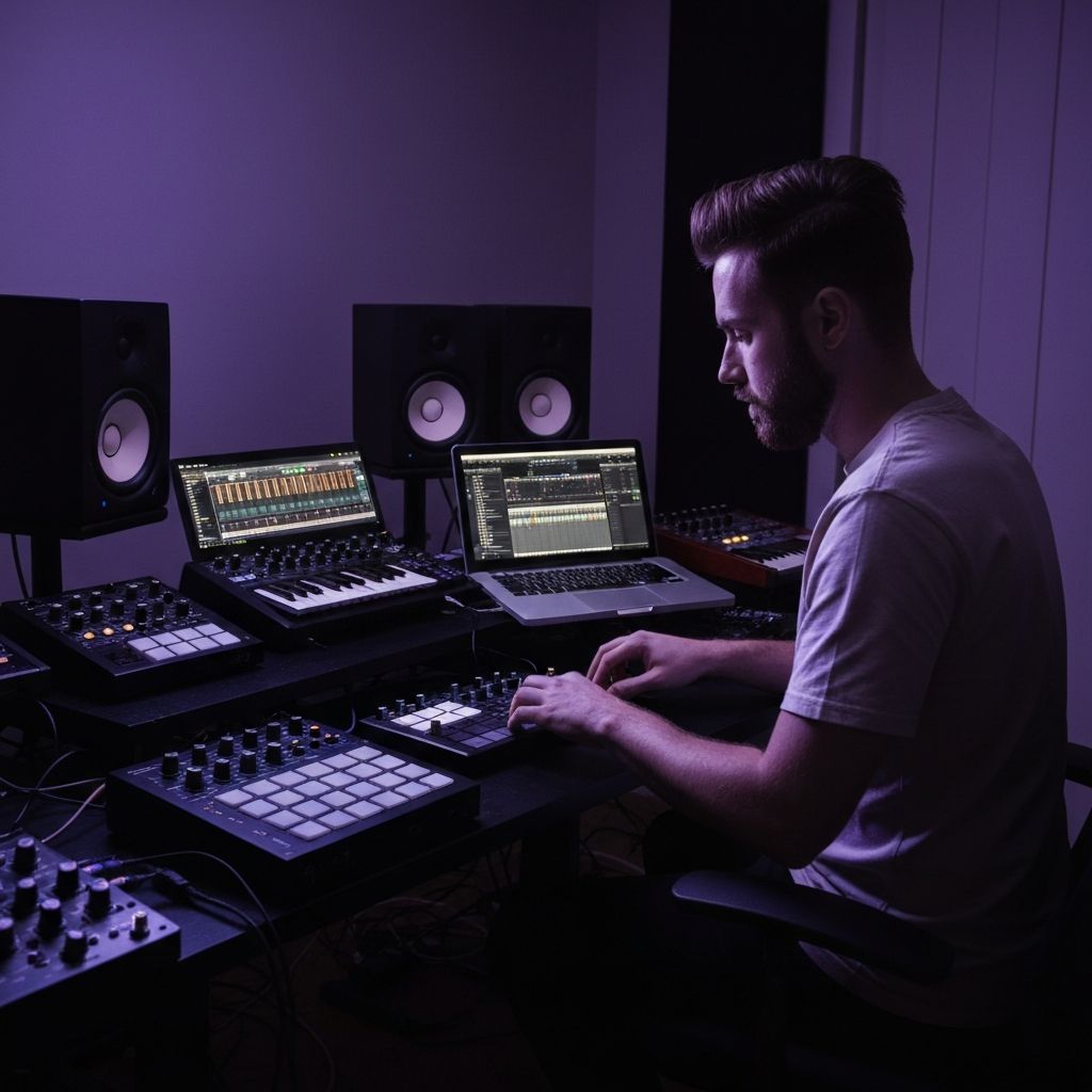Professional music production studio with synthesizers