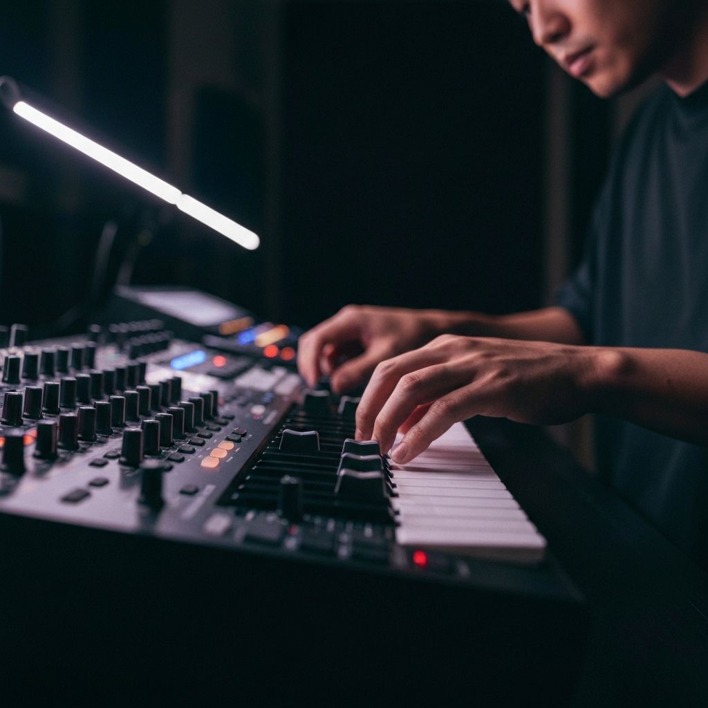 Hands on synthesizer knobs in dark studio